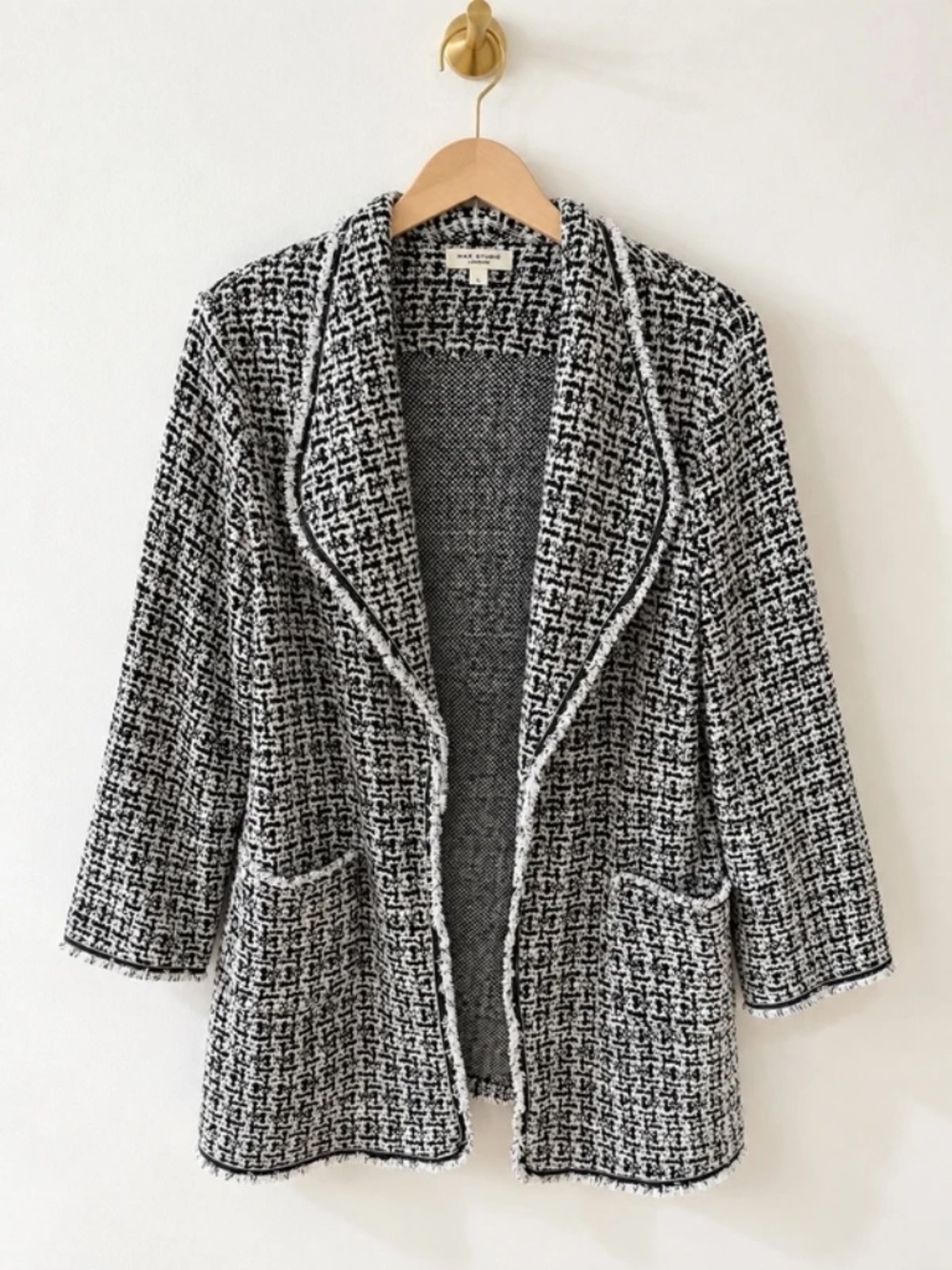 Max Studio London Black White Boucle Tweed Open Front Cardigan Jacket Size L